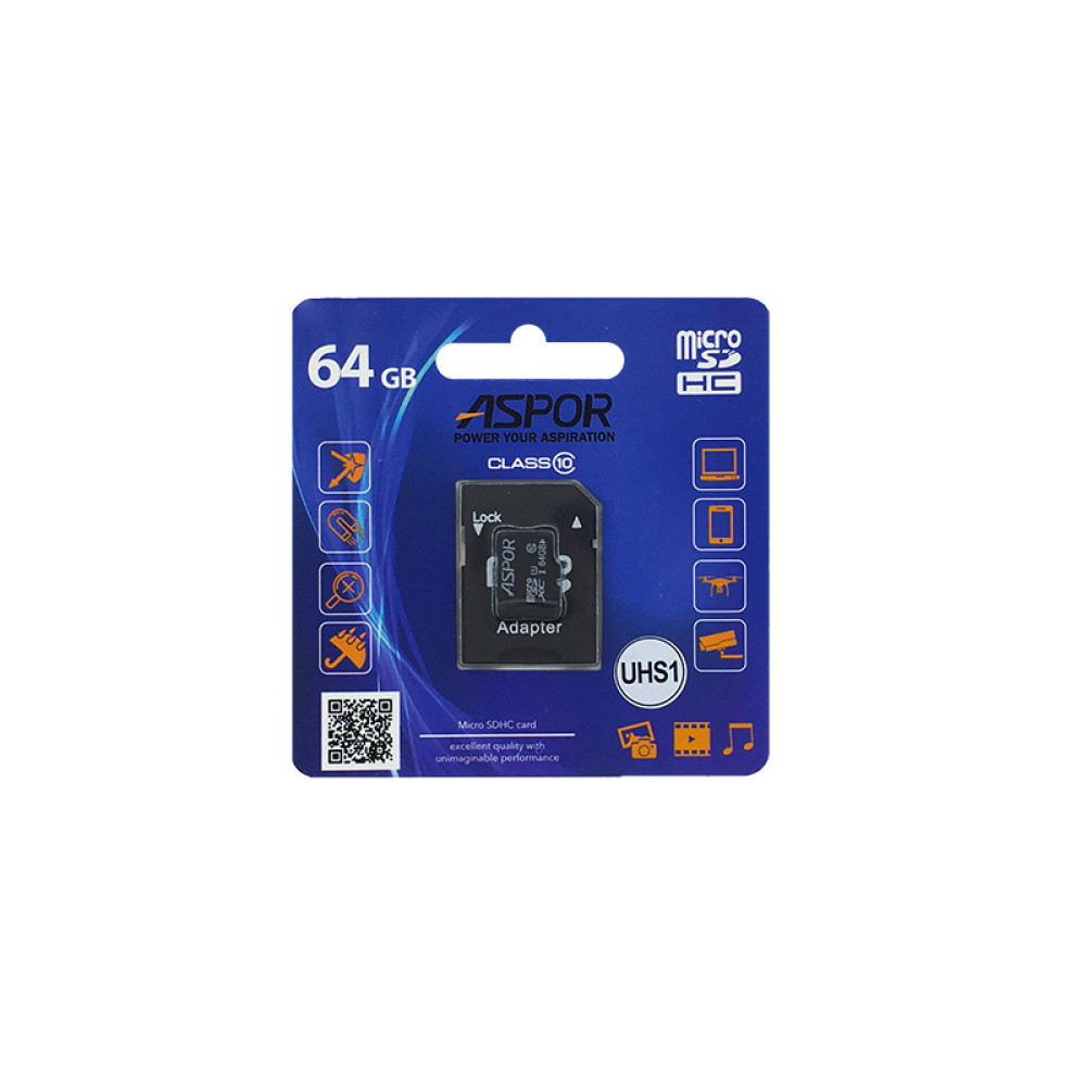 Карта пам`яті Aspor MicroSDHC 64GB UHS-I (Class 10) + SD adapter
