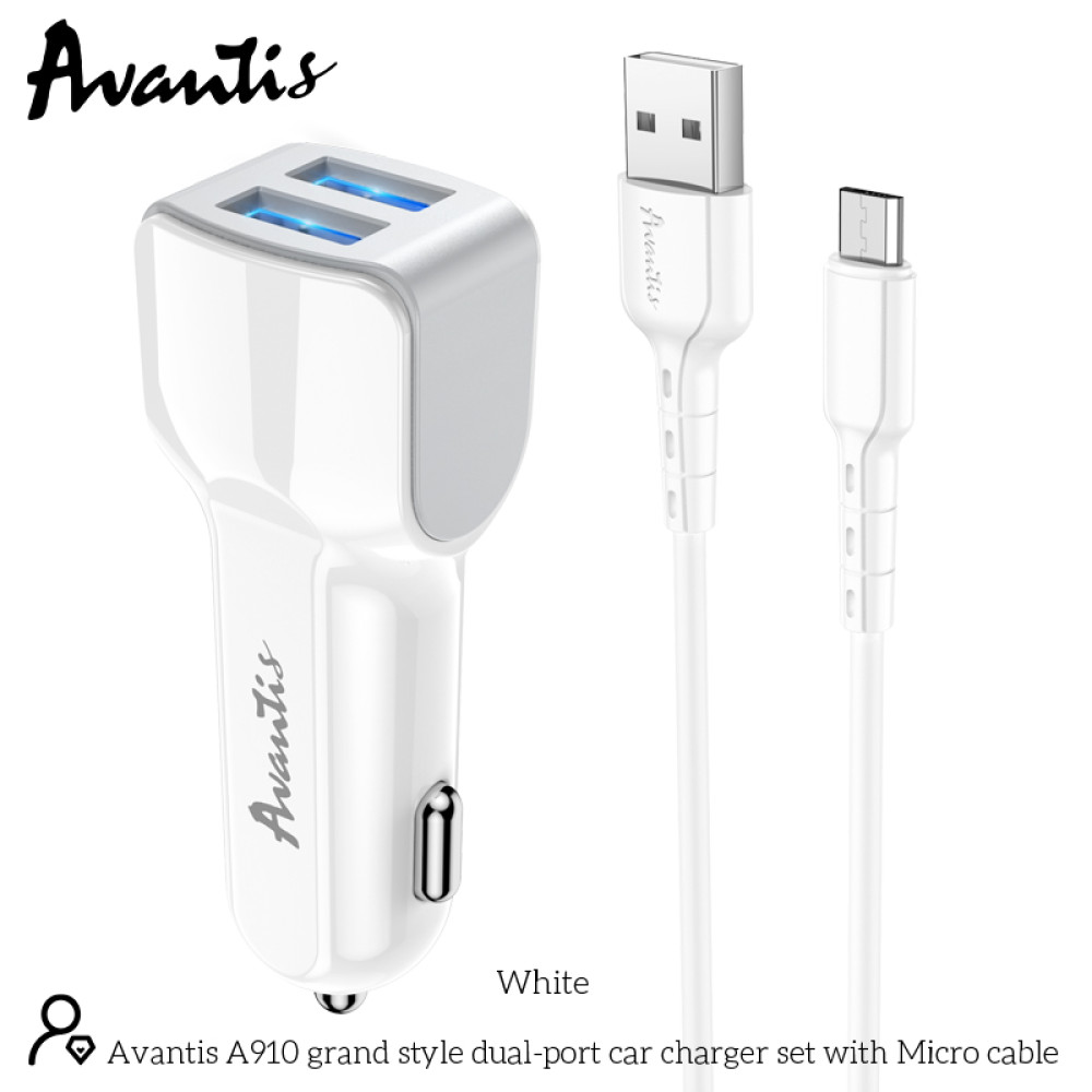 Автомобільний зарядний пристрій Avantis A910 Grand style (2USB/2.4A) + USB кабель Micro- білий