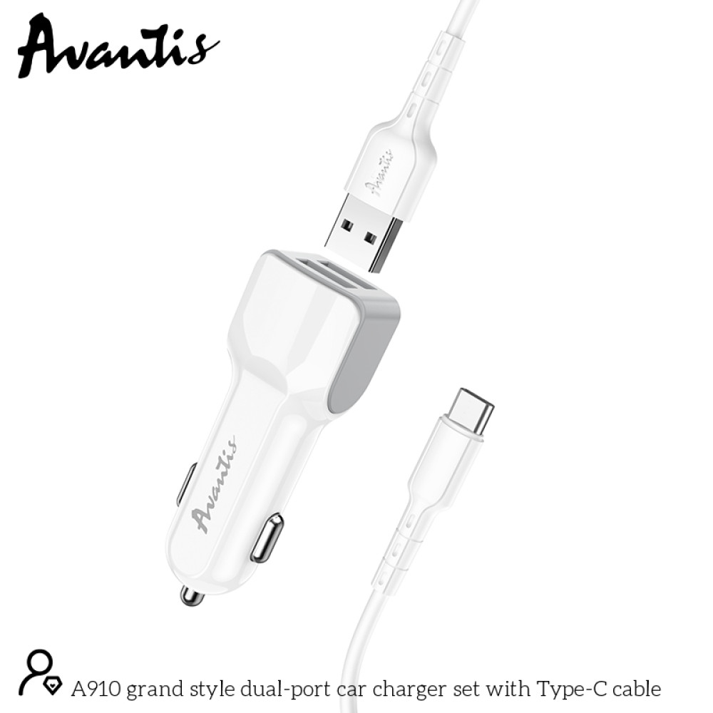 Автомобільний зарядний пристрій Avantis A910 Grand style (2USB/2.4A) + USB кабель Type-C- білий