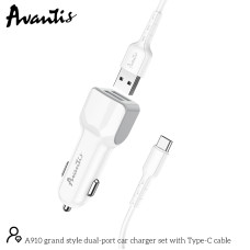 Автомобільний зарядний пристрій Avantis A910 Grand style (2USB/2.4A) + USB кабель Type-C- білий