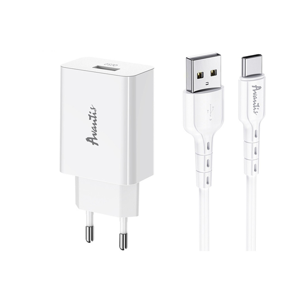 Мережевий зарядний пристрій Avantis A425 QC3.0 (1USB/3A/18W) + USB кабель Micro- білий