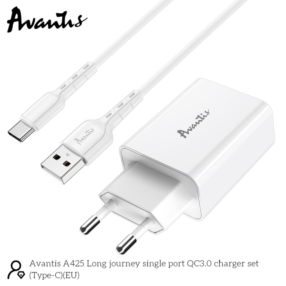 Мережевий зарядний пристрій Avantis A425 QC3.0 (1USB/3A/18W) + USB кабель Type-C- білий