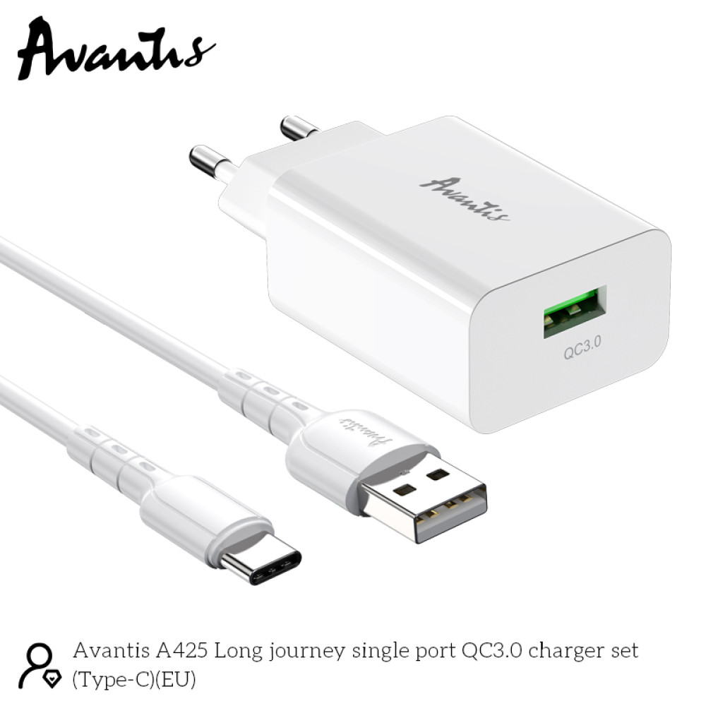 Мережевий зарядний пристрій Avantis A425 QC3.0 (1USB/3A/18W) + USB кабель Type-C- білий