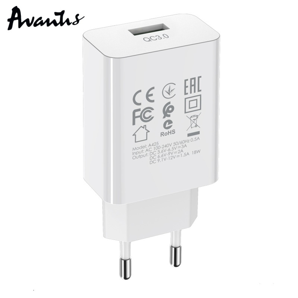 Мережевий зарядний пристрій Avantis A425 QC3.0 (1USB/3A/18W)- білий