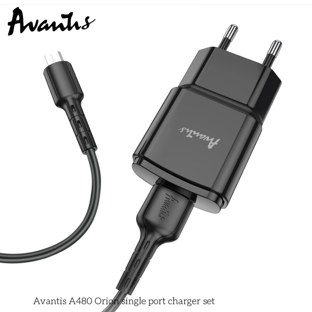 Мережевий зарядний пристрій Avantis A480 Orion (1USB/2.1A) + USB кабель Micro- чорний