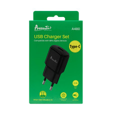 Мережевий зарядний пристрій Avantis A480 Orion (1USB/2.1A) + USB кабель Type-C- чорний