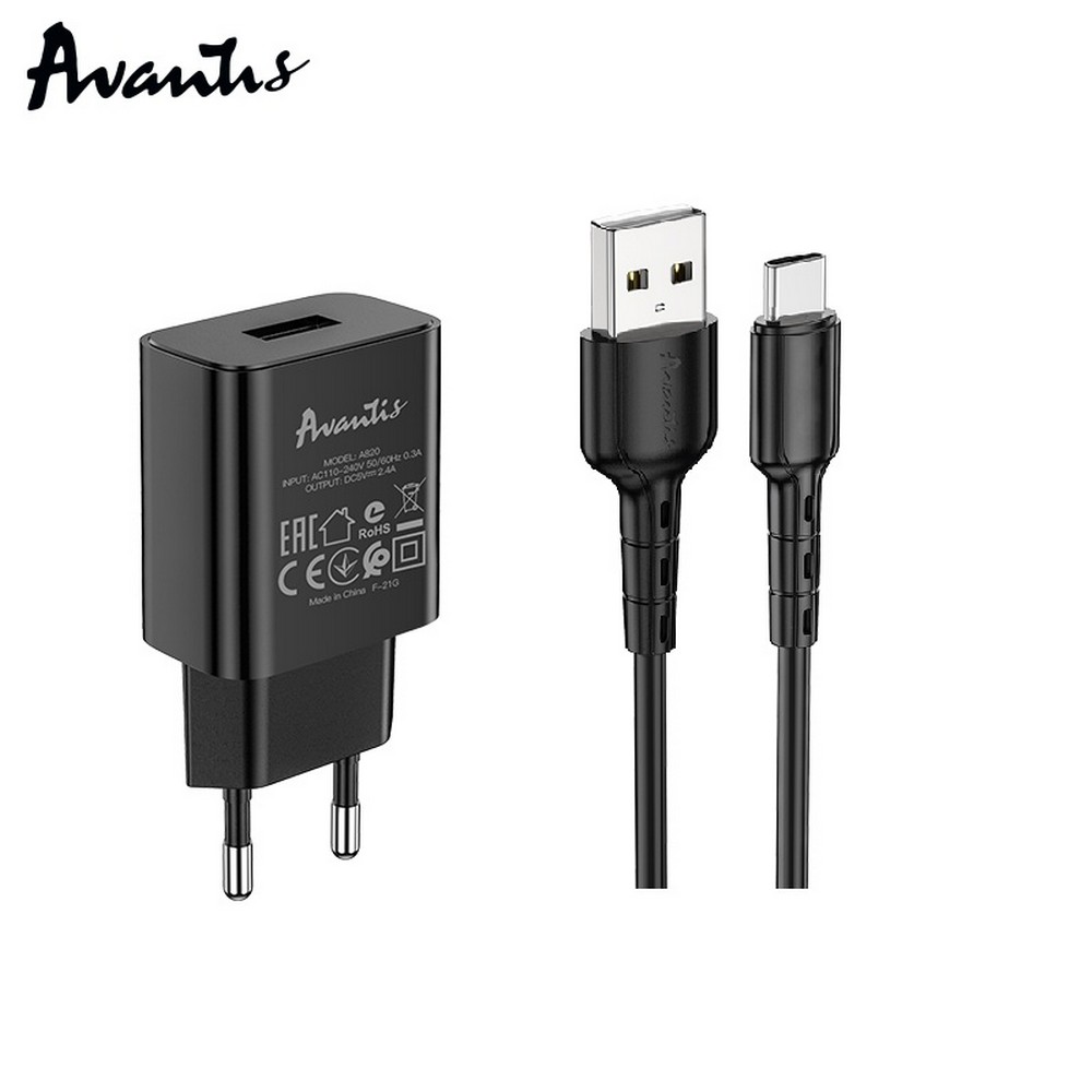 Мережевий зарядний пристрій Avantis A820 (1USB/2.4A) + USB кабель Type-C- чорний