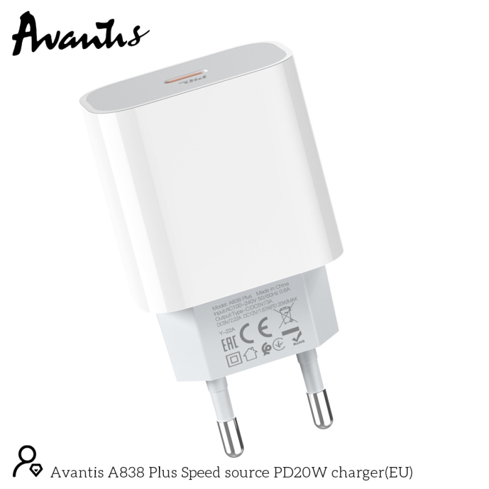 Мережевий зарядний пристрій Avantis A838 Plus QC3.0 (PD 20W)- білий