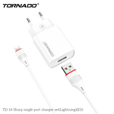 Мережевий зарядний пристрій Tornado TD-14 (1USB/2.1A/1м) + USB кабель Lightning- білий Мережевий зарядний пристрій Tornado TD-14 (1USB/2.1A/1м) + USB кабель Lightning- білий