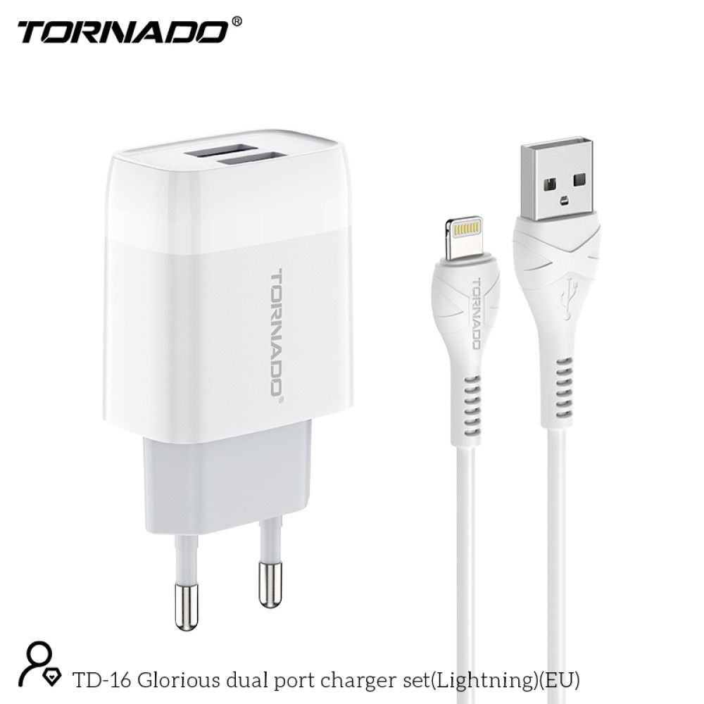 Мережевий зарядний пристрій Tornado TD-16 (2USB/2.4A/1м) + USB кабель Lightning- білий