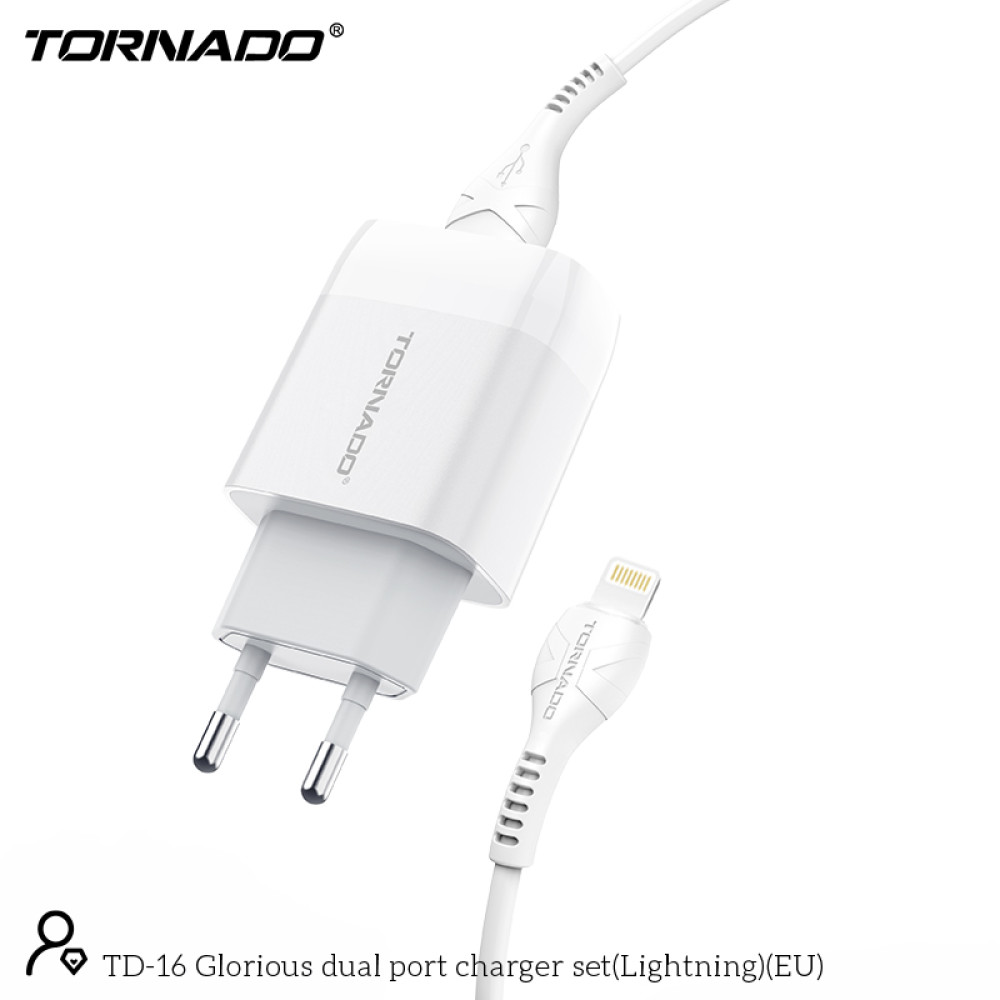 Мережевий зарядний пристрій Tornado TD-16 (2USB/2.4A/1м) + USB кабель Lightning- білий