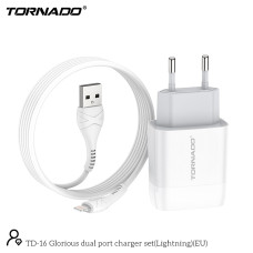 Мережевий зарядний пристрій Tornado TD-16 (2USB/2.4A/1м) + USB кабель Lightning- білий Мережевий зарядний пристрій Tornado TD-16 (2USB/2.4A/1м) + USB кабель Lightning- білий