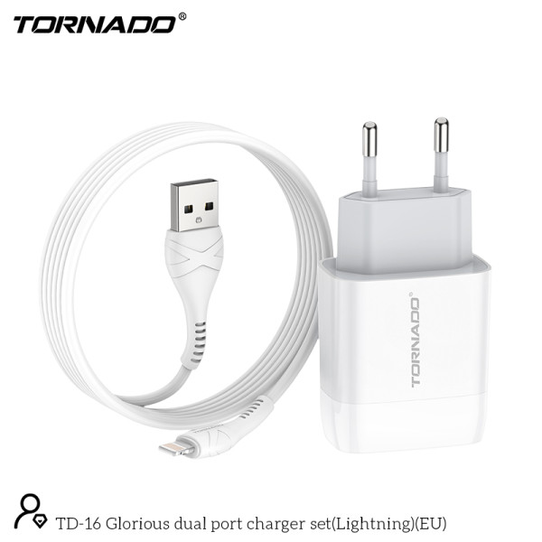 Мережевий зарядний пристрій Tornado TD-16 (2USB/2.4A/1м) + USB кабель Lightning- білий Мережевий зарядний пристрій Tornado TD-16 (2USB/2.4A/1м) + USB кабель Lightning- білий