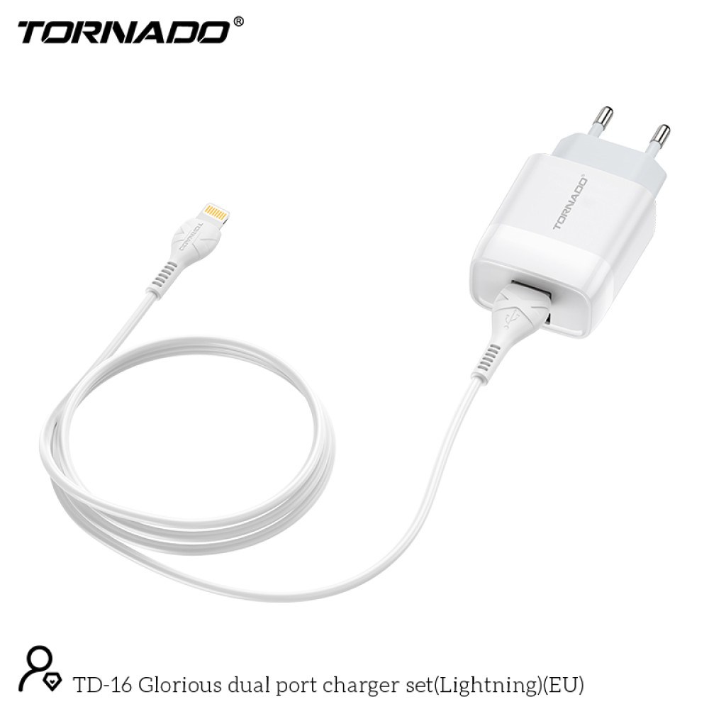 Мережевий зарядний пристрій Tornado TD-16 (2USB/2.4A/1м) + USB кабель Lightning- білий