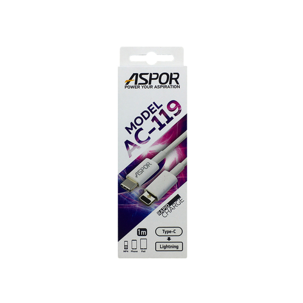 Кабель Aspor AC-119 PD Type-C – Lightning 2A/1м- білий