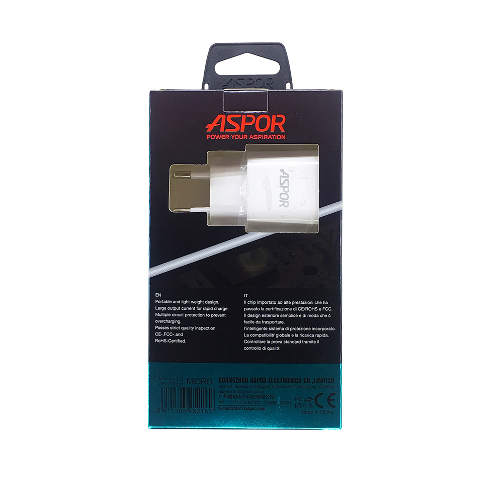 Мережевий зарядний пристрій Aspor A802 Plus 1USB/2.4A LED + USB кабель Micro- білий