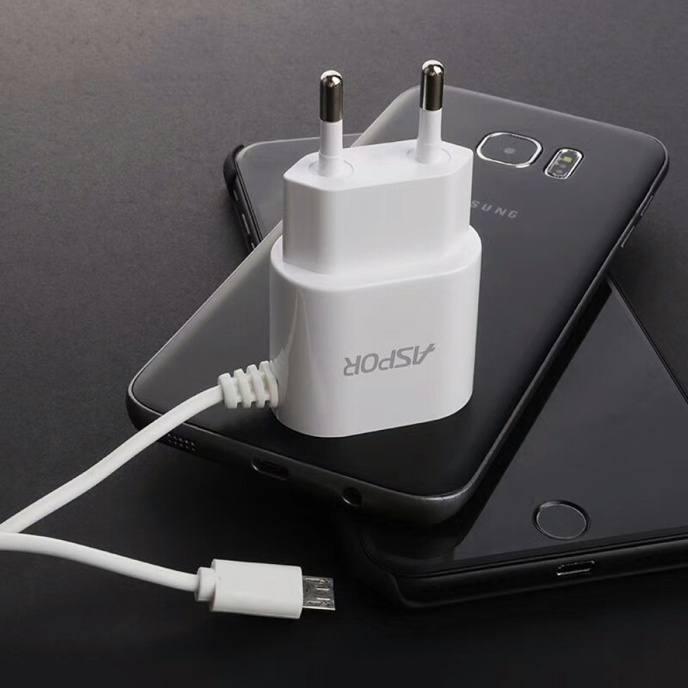 Мережевий зарядний пристрій Aspor A802 Plus 1USB/2.4A LED + USB кабель Micro- білий