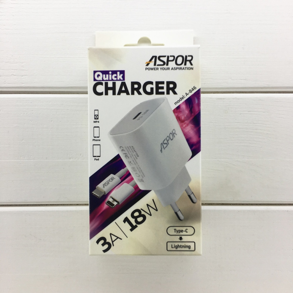 Мережевий зарядний пристрій Aspor A846PD 18W/3A + кабель Type-C to Lightning- білий