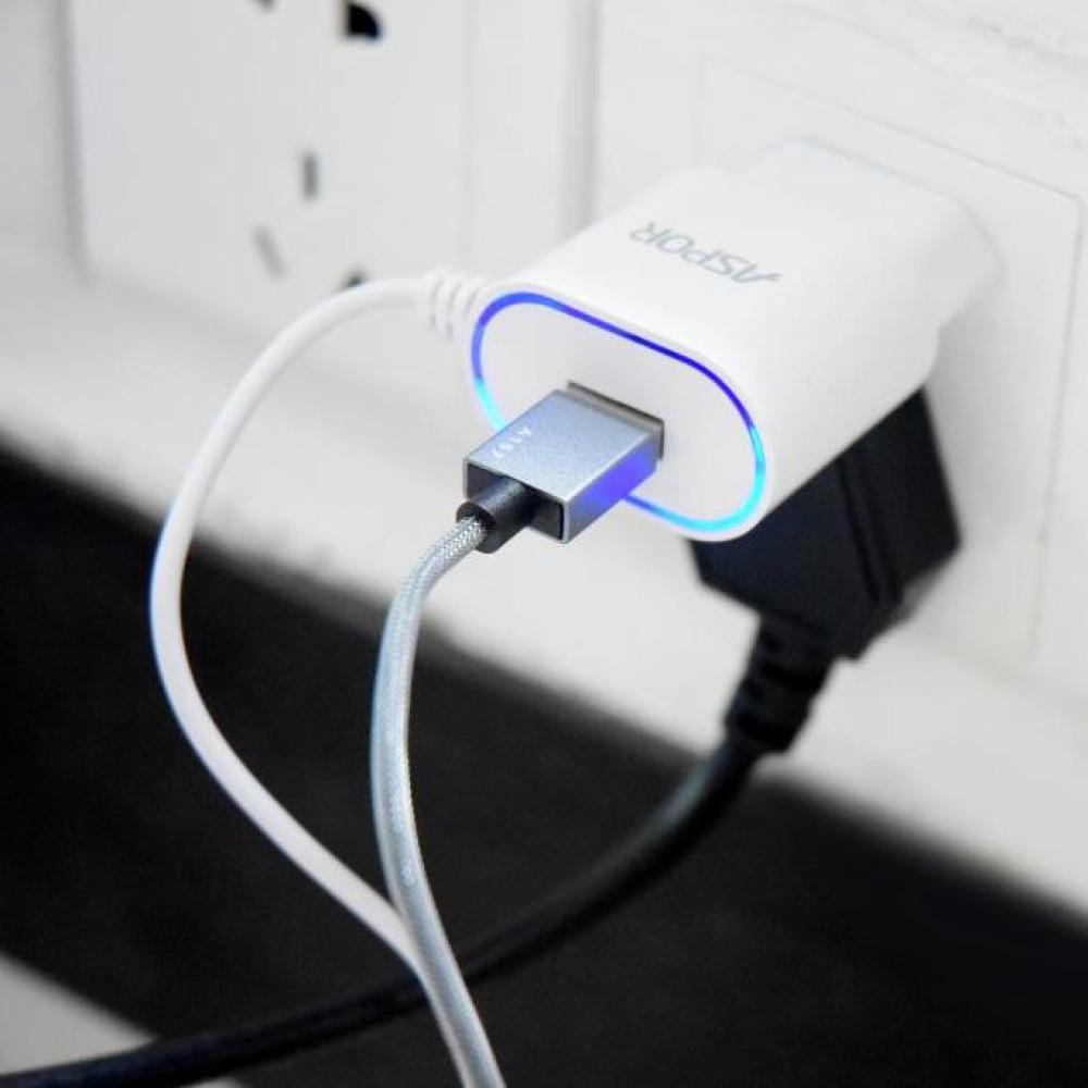 Мережевий зарядний пристрій Aspor A802 1USB/1A LED + USB кабель Lightning- білий