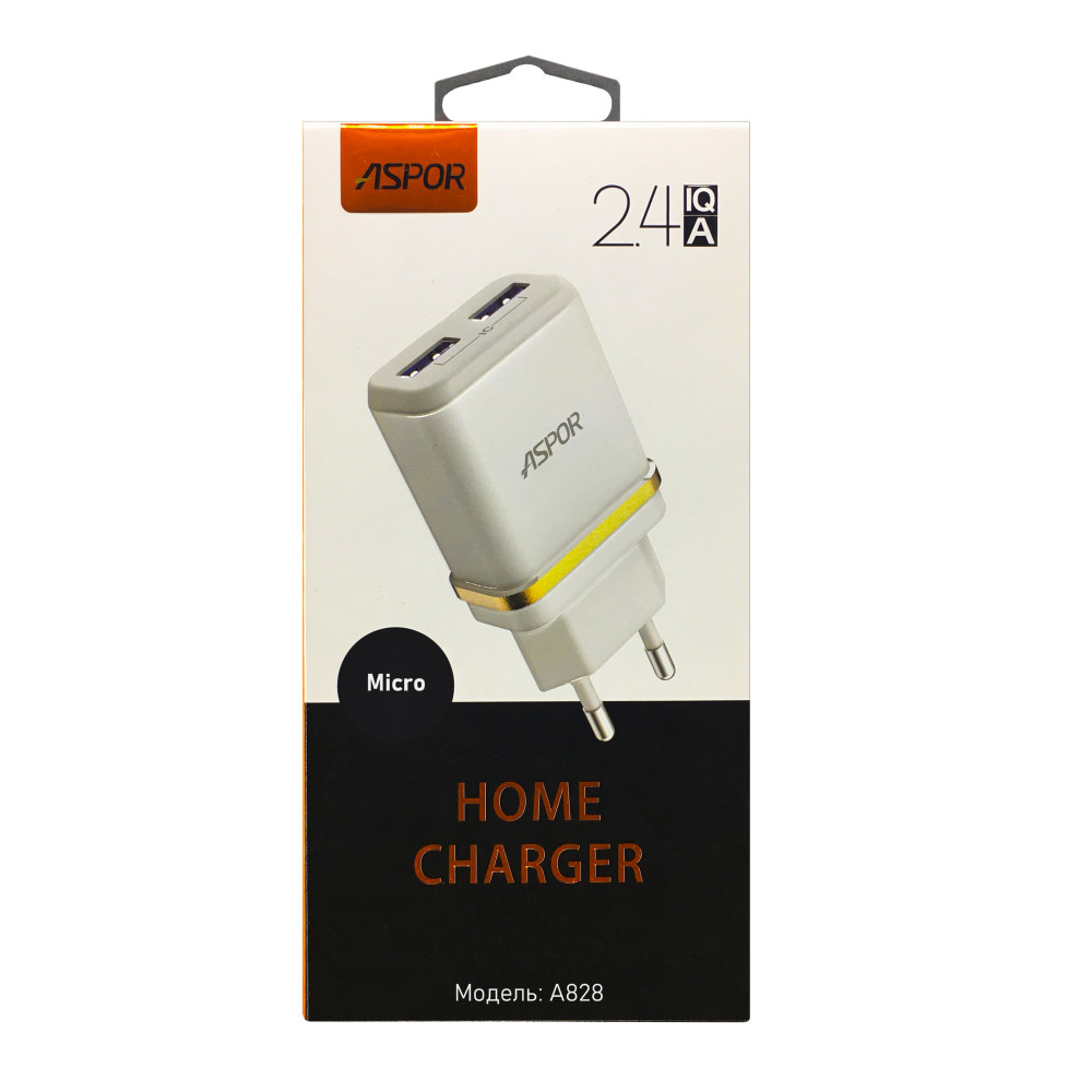 Мережевий зарядний пристрій Aspor A828 Eco 2USB/2.4A + кабель USB – Micro- білий