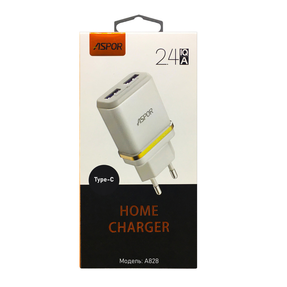 Мережевий зарядний пристрій Aspor A828 Eco 2USB/2.4A + кабель USB – Type-C- білий