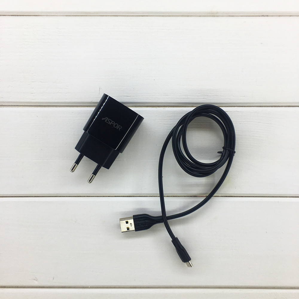 Мережевий зарядний пристрій Aspor A818 Plus 2.4A iQ + USB кабель Micro- чорний