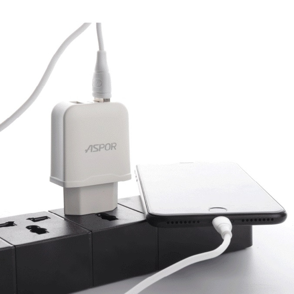 Мережевий зарядний пристрій Aspor A829 2USB/2.4A + USB кабель Micro- білий