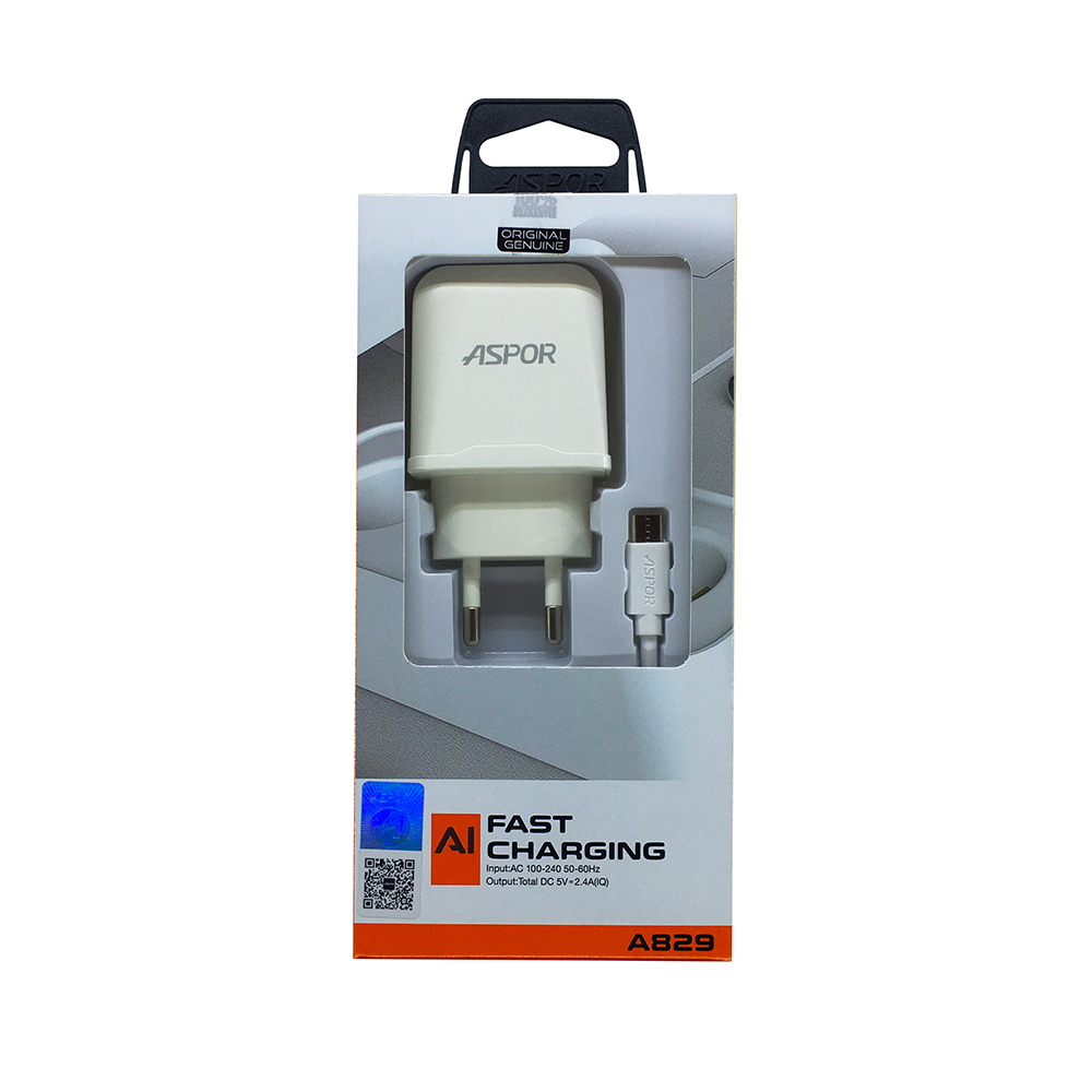 Мережевий зарядний пристрій Aspor A829 2USB/2.4A + USB кабель Micro- білий