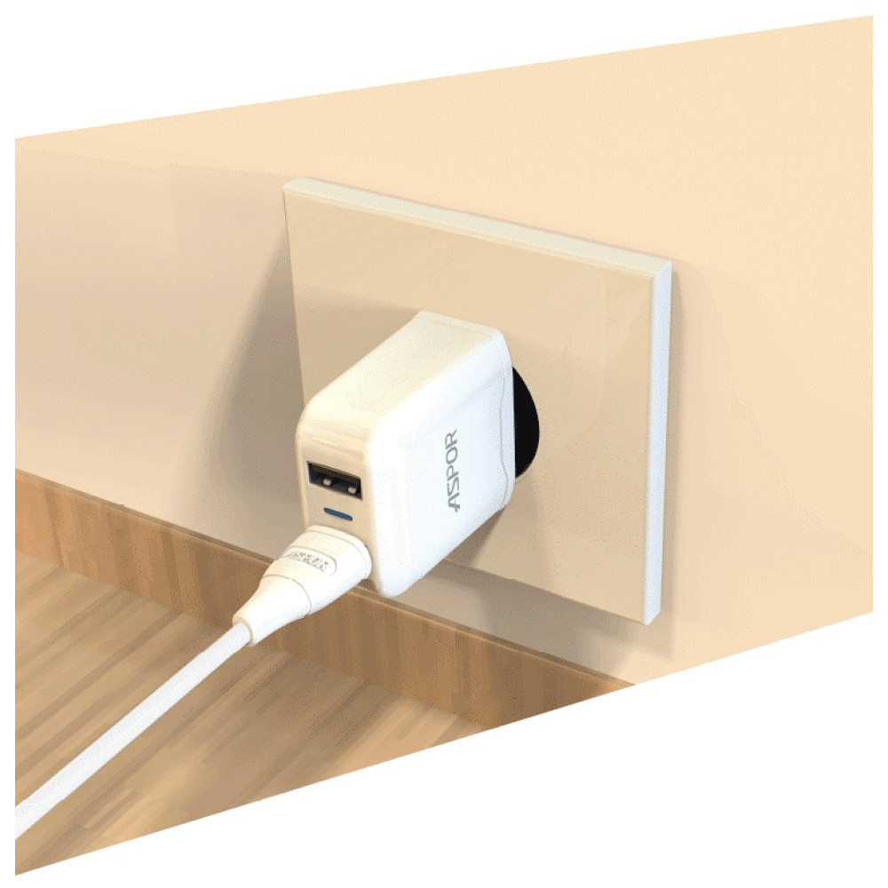 Мережевий зарядний пристрій Aspor A829 2USB/2.4A + USB кабель Micro- білий