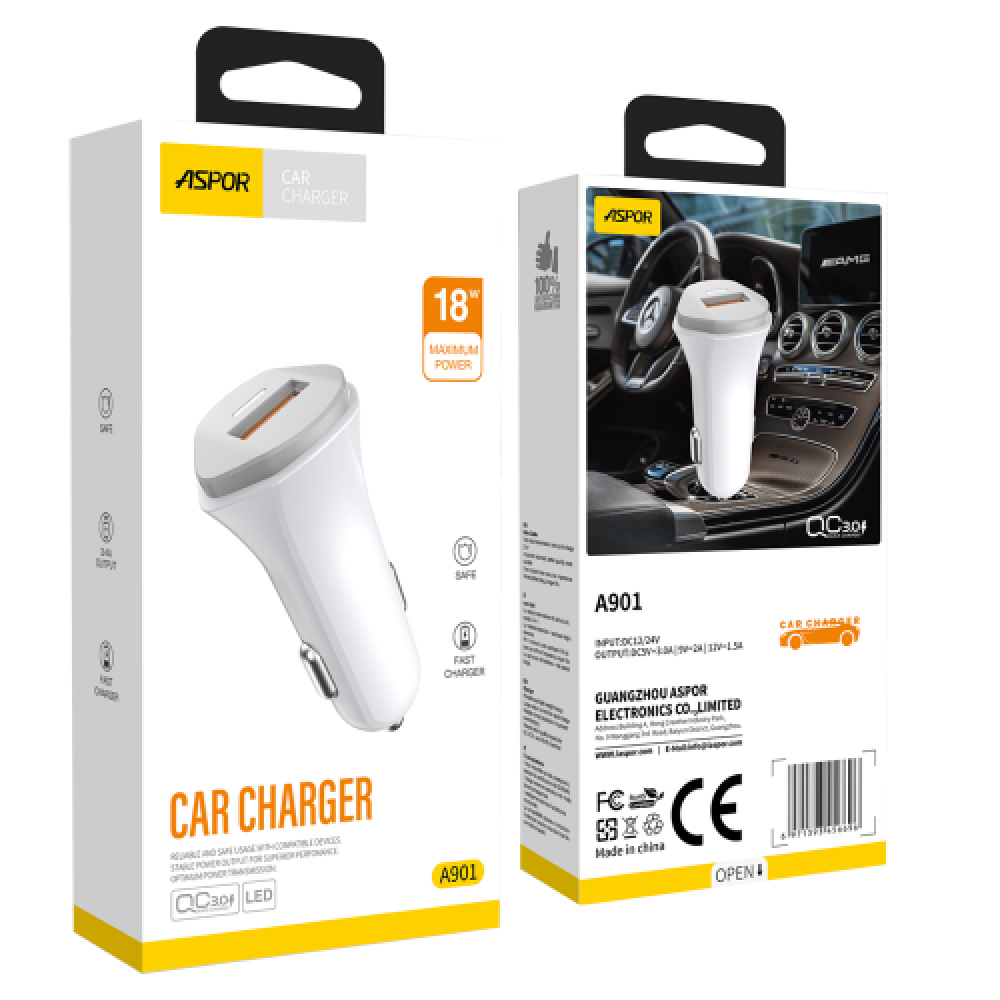 Автомобільний зарядний пристрій Aspor A901 (QC3.0/18W) LED + USB кабель Micro- білий