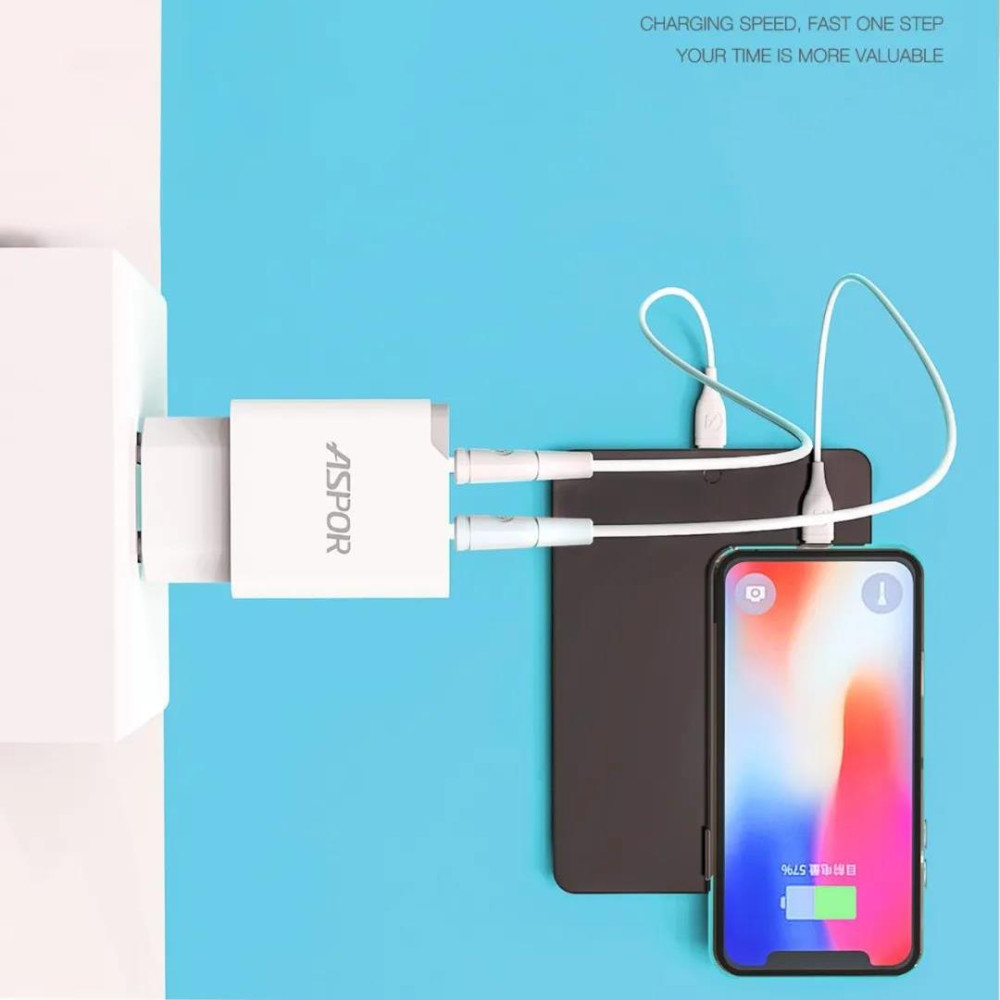Мережевий зарядний пристрій Aspor A823 2USB/2.4A + USB кабель Lightning- білий