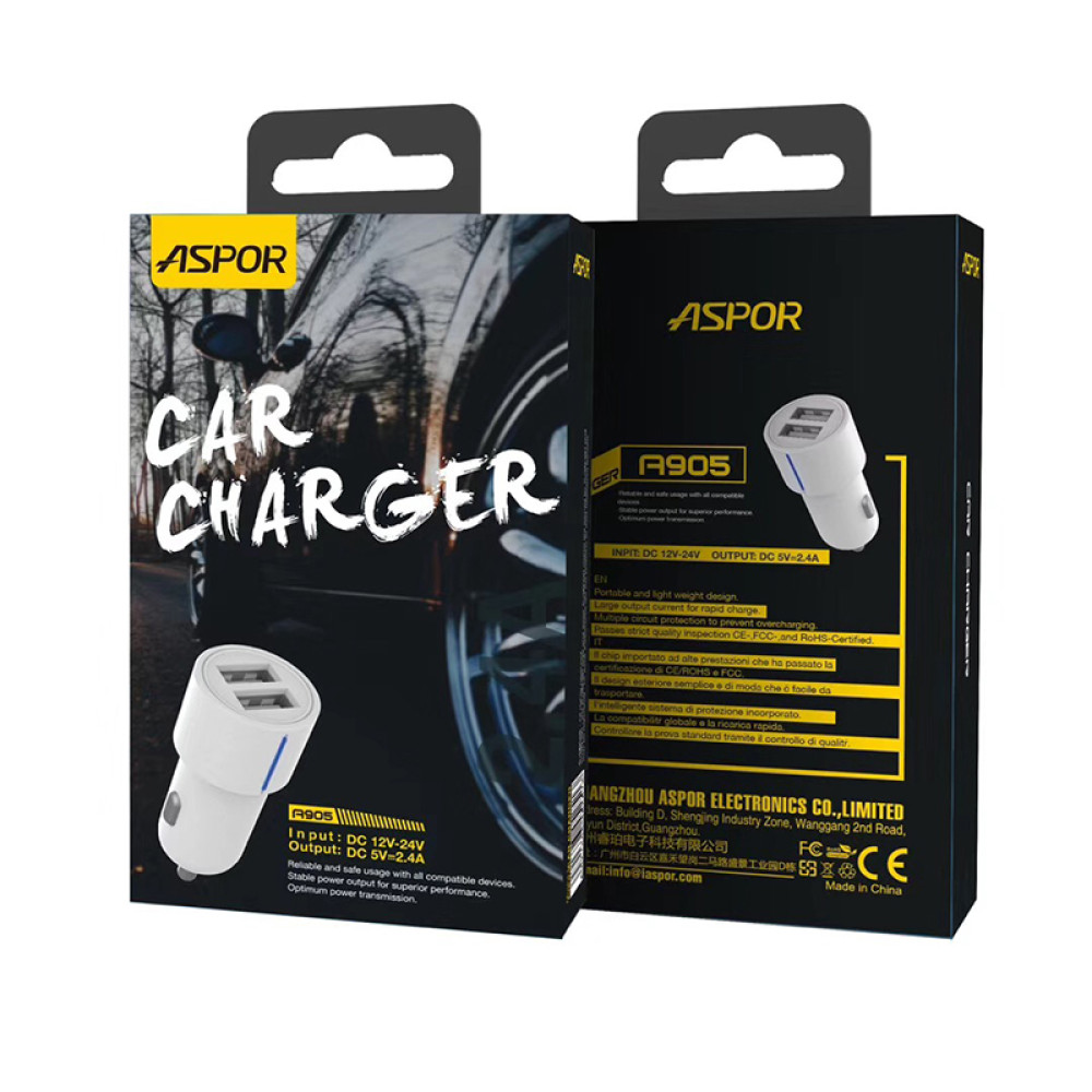 Автомобільний зарядний пристрій Aspor A905 (2USB/2.4A)- білий
