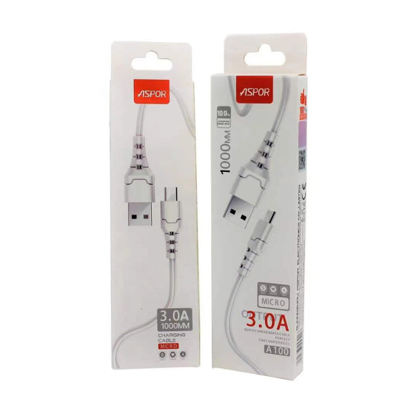Кабель Aspor A100 USB – Micro Fast Charge 3A/1м- білий Кабель Aspor A100 USB – Micro Fast Charge 3A/1м- білий
