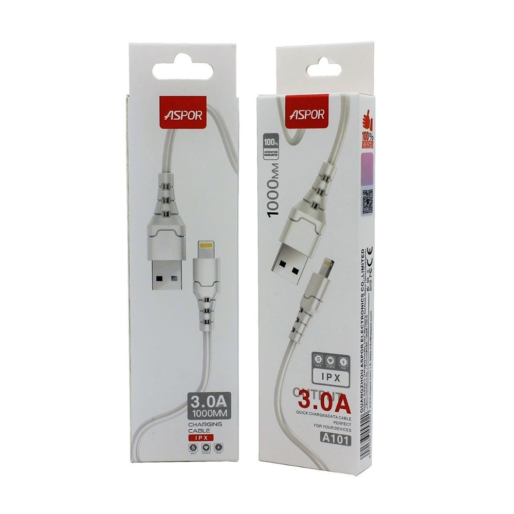 Кабель Aspor A101 USB – Lightning Fast Charge 3A/1м- білий