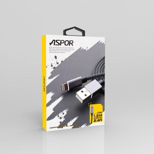 Кабель Aspor A132 Nylon USB – Lightning 2.4A/1.2м- чорний Кабель Aspor A132 Nylon USB – Lightning 2.4A/1.2м- чорний