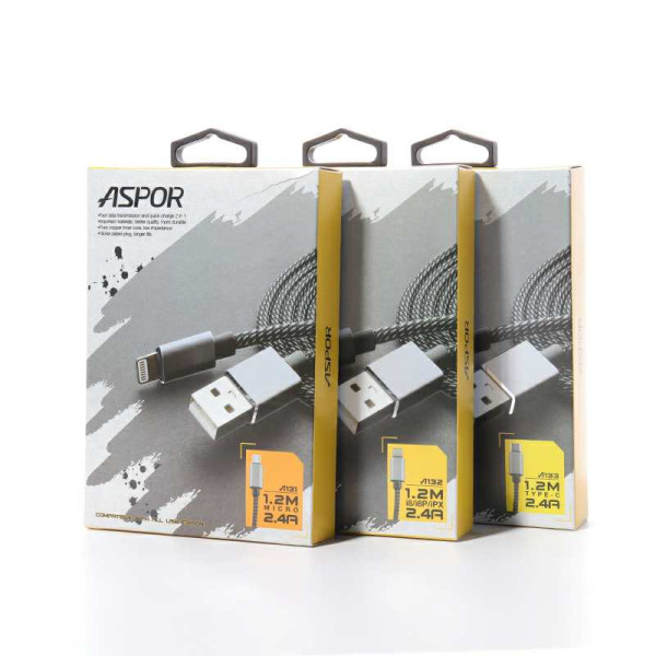 Кабель Aspor A133 Nylon USB – Type-C 2.4A/1.2м- чорний Кабель Aspor A133 Nylon USB – Type-C 2.4A/1.2м- чорний
