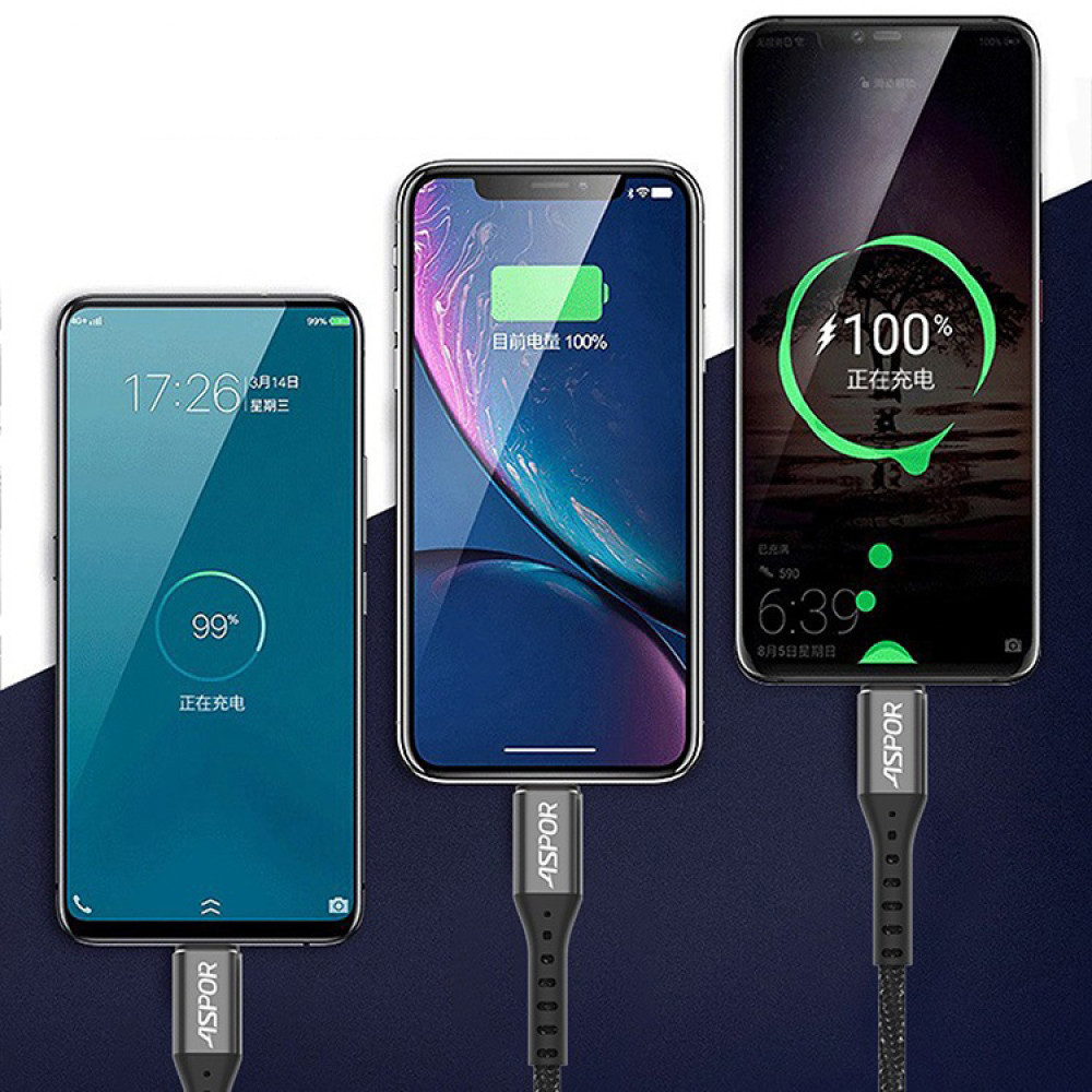 Кабель Aspor A167 USB – Lightning 2.4A/1м- чорний