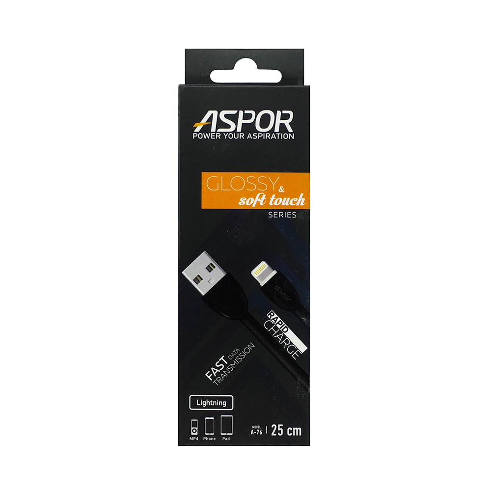 Кабель Aspor A76 глянсовий USB – Lightning для PB 2A/0.25м- чорний