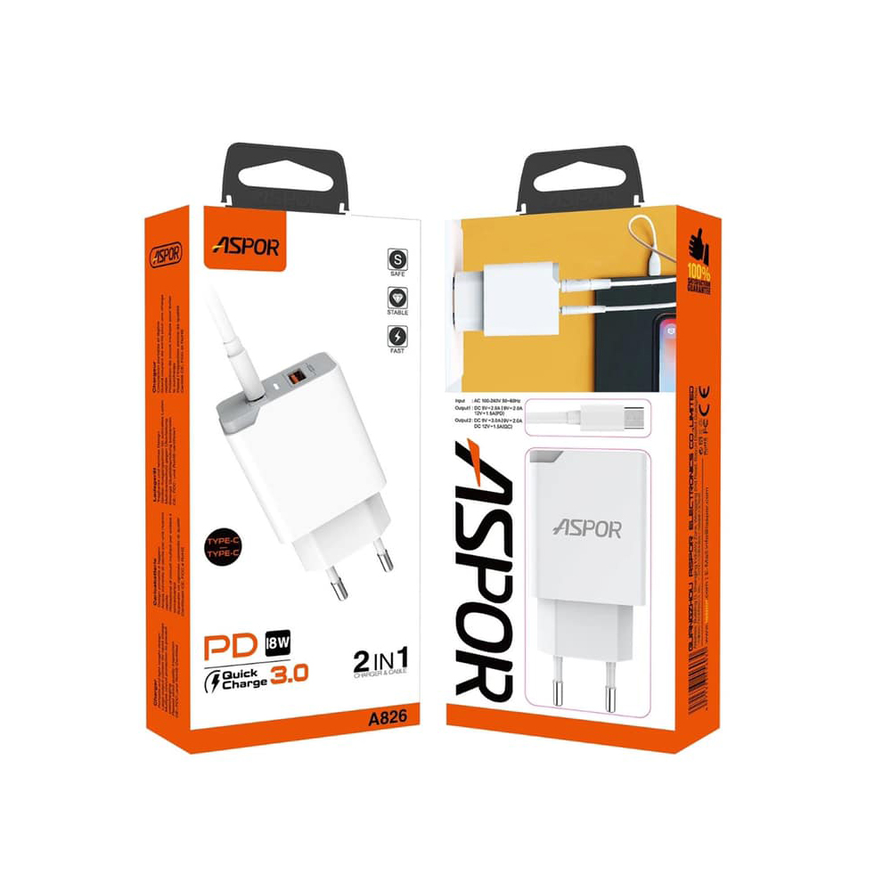 Мережевий зарядний пристрій Aspor A826 PD (20W/USB/Type-C) + кабель Type-C – Type-C- білий