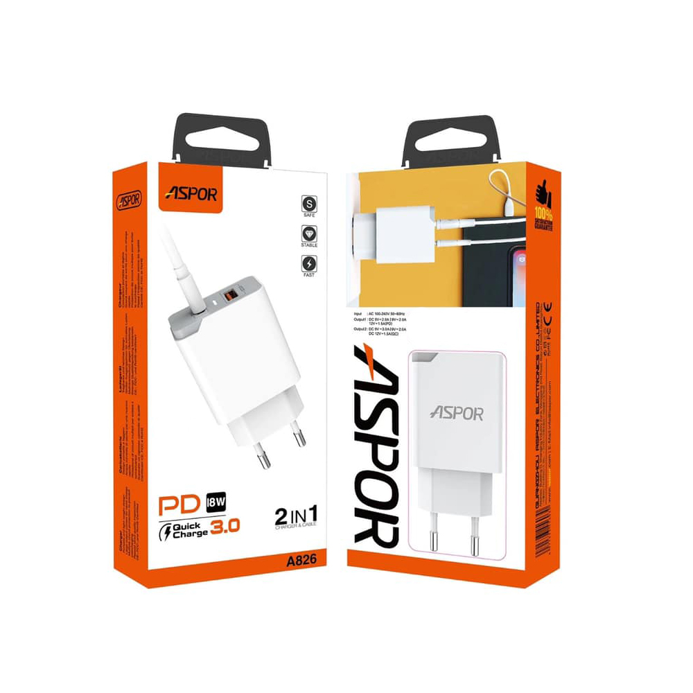 Мережевий зарядний пристрій Aspor A826 PD (20W/USB/Type-C)- білий