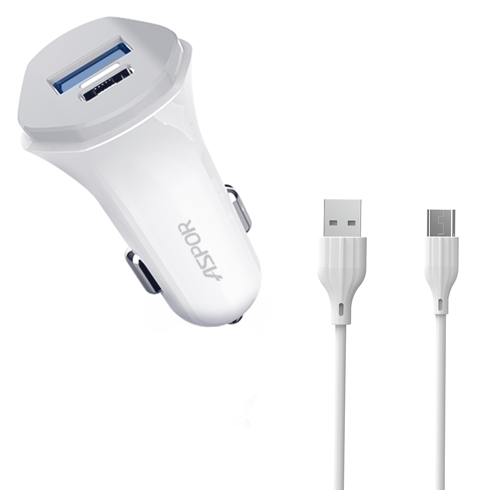 Автомобільний зарядний пристрій Aspor A903 (2USB/3.4A) + USB кабель Type-C- білий