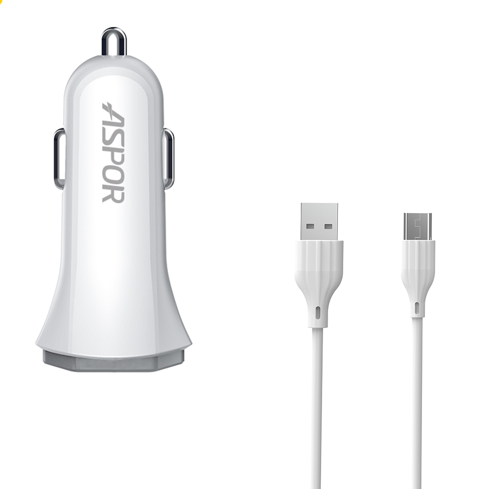 Автомобільний зарядний пристрій Aspor A903 (2USB/3.4A) + USB кабель Type-C- білий