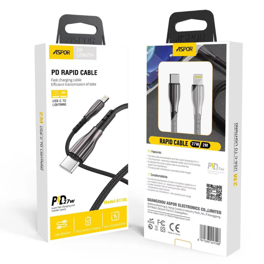Кабель Aspor A110PD L Type-C – Lightning 27W/2м Nylon- чорний