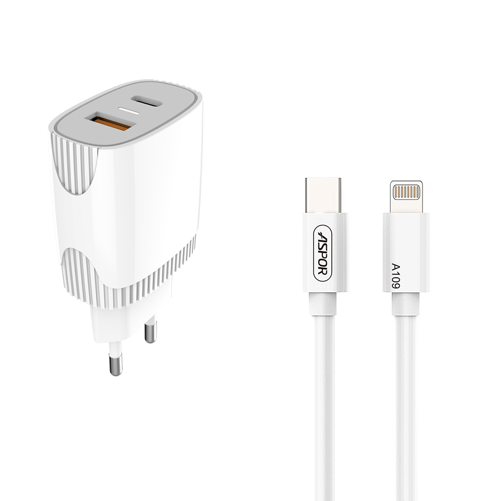Мережевий зарядний пристрій Aspor A816 PD + QC Fast Charger 2в1 Type-C + Lightning- білий