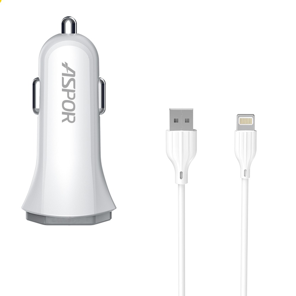 Автомобільний зарядний пристрій Aspor A903 (2USB/3.4A) + USB кабель Lightning- білий