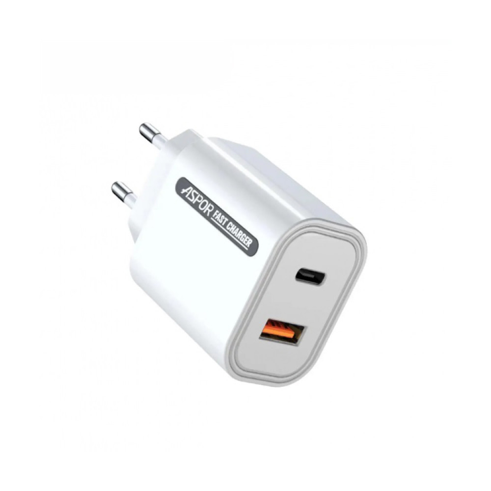 Мережевий зарядний пристрій Aspor A806 Fast Charger (USB/USB-C/3A/33W) + кабель Type-C - Type-C- білий
