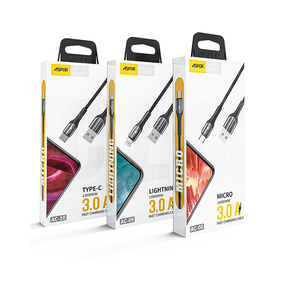 Кабель Aspor AC-08 Nylon LED USB – Micro (3A/1м)- чорний