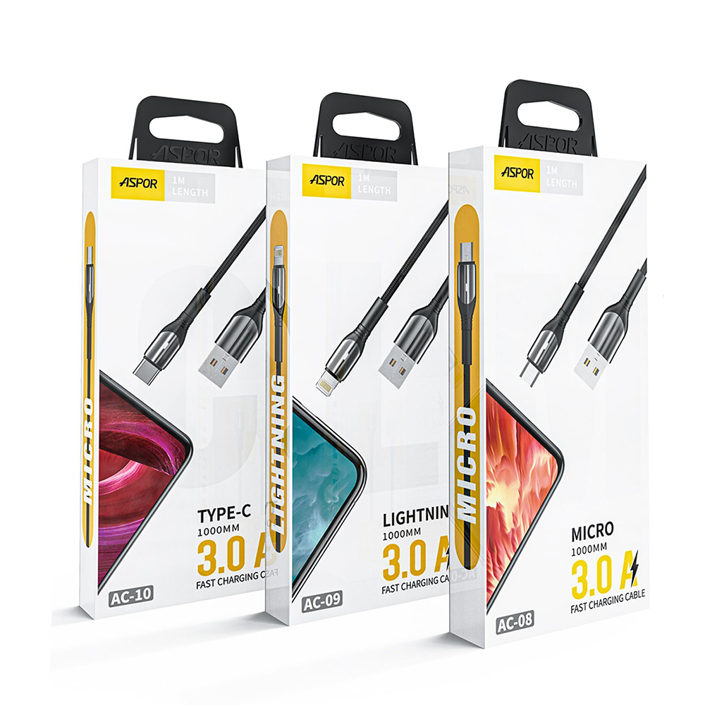 Кабель Aspor AC-10 Nylon LED USB – Type-C (3A/1м)- чорний