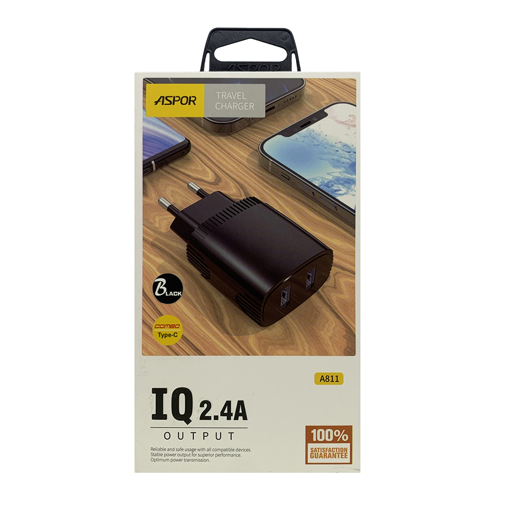 Мережевий зарядний пристрій Aspor A811 (2USB/2.4A) + кабель USB – Type-C- чорний