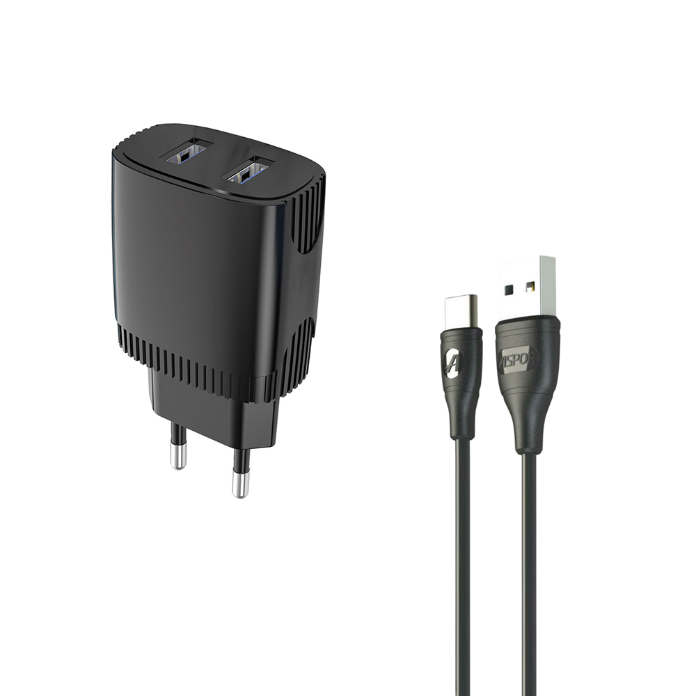 Мережевий зарядний пристрій Aspor A811 (2USB/2.4A) + кабель USB – Type-C- чорний